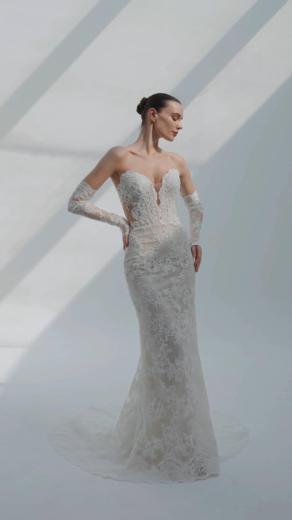 Model wearing a white bridal dress